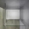A modern shower enclosure with a white shower tray and glass panels, set against a backdrop of wood-effect flooring and stone-effect walls. Produktbild-Vorschau