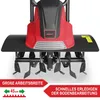 A close-up front view of a red and black garden tiller with marketing text overlays. Produktbild-Vorschau