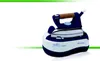 A blue and white steam iron with a water tank base, presented on a white background with green graphic elements. Produktbild-Vorschau