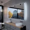 A modern bathroom with a large illuminated mirror, two sinks, and a vanity. Produktbild-Vorschau