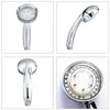 A collage of four images showing a chrome LED shower head from different angles. Produktbild-Vorschau