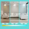 Three panels showing a ceiling fan with lights in a living room at different color temperatures. Náhled obrázku produktu