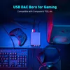 A gaming setup with a keyboard, controller, headphones, speaker, and a USB DAC. Produktbild-Vorschau