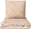 A folded duvet and pillow set with a beige background and a geometric line pattern. Produktbild-Vorschau