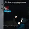 A security camera with a solar panel is mounted on a wall, detecting a person in the dark. Text overlays describe its features. Náhled obrázku produktu