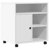 A white printer stand with wheels, featuring a cabinet and shelves. Voir les images du produit
