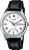 A close-up studio shot of a Casio watch with a white face and black leather strap. Produktbild-Vorschau
