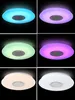 A collage of six images showing a round, flush-mount LED ceiling light with a central speaker grille. Each image displays the light in a different color, including blue, purple, green, pink, cream, and white. Produktbild-Vorschau