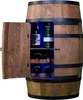 A wooden barrel-shaped wine cabinet with its door open, displaying bottles of wine and liquor inside, illuminated by blue LED lights. Produktbild-Vorschau