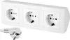 A white triple electrical socket with a white plug and cable in the foreground, isolated on a white background. Produktbild-Vorschau