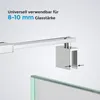 A close-up illustration showing a shower wall stabilizer bar and its attachment to a glass panel. Produktbild-Vorschau