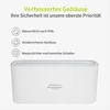A white cord organizer box with text and icons describing its features. Voir les images du produit