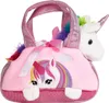 A pink plush handbag with a unicorn peeking out. Produktbild-Vorschau
