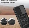 A black phone case with a camera slider and ring stand is shown in a desert-like environment. Insets show close-ups of the camera slider mechanism. Produktbild-Vorschau