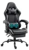 A black and gray gaming chair with a footrest and headrest, shown from a front-diagonal angle.