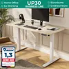 A modern home office setup with a standing desk, monitor, keyboard, and headphones. Produktbild-Vorschau