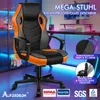 A gaming chair in a room with neon lighting and a desk setup in the background. Produktbild-Vorschau