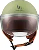 A close-up front view of a green motorcycle helmet with a clear visor. Anteprima dell’immagine prodotto