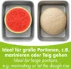 Two metal containers, one with a slice of watermelon and the other with a ball of dough. Text below describes their use for large portions. Produktbild-Vorschau