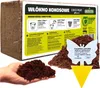 A block of coco peat is shown with some loose coco peat in a hand and a pile of coco peat. A butterfly-shaped sticky trap is also visible. Produktbild-Vorschau
