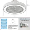 A product image featuring a white ceiling fan with integrated LED lighting. The image includes a close-up of the fan and light fixture, along with a separate graphic showing dimensions and a spec table detailing power, material, light source, motor, contro Náhľad obrázku produktu