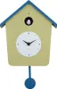 A cuckoo clock with a light yellow house and blue roof and pendulum. Produktbild-Vorschau