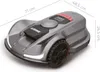 A robotic lawnmower is shown from a slightly elevated front-side angle on a white background, with dimensions indicated by lines and text. Voir les images du produit