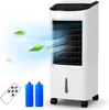 A white air cooler with blue ice packs and a remote control in front of a white background with blue air and green leaves graphics. Produktbild-Vorschau