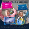 Two children are holding up boxes for AngelTech Kindertablet XL, with a tablet and headphones in the foreground. Produktbild-Vorschau