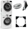 A collage of images related to washing machines, including stacked units, a strap, and adjustable base parts. Produktbild-Vorschau
