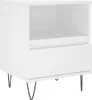 A white bedside table with a drawer and an open shelf, supported by black hairpin legs, is shown against a white background. Produktbild-Vorschau