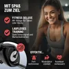 A woman is smiling while exercising on a stationary bike. Text overlays describe the product's features and benefits. Produktbild-Vorschau
