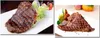 Two images of grilled steaks on white plates, with side dishes and decorative elements. Produktbild-Vorschau