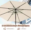 Close-up view of the underside of a beige umbrella, showing its metal ribs and central pole. Text overlays highlight product features. Podgląd zdjęcia produktu