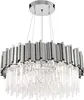 A modern chrome and crystal chandelier against a white background. Produktbild-Vorschau