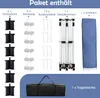 A flat lay image showing the contents of a package for a gazebo, including sandbags, ropes, stakes, a metal frame, and a canopy cover. Podgląd zdjęcia produktu