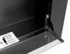A close-up view of a partially opened glass door on a black fireplace. Voir les images du produit