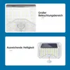 Two panels showing a solar-powered outdoor light with German text describing its features. Produktbild-Vorschau