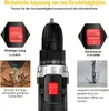 Close-up of a cordless drill with various features highlighted through text and inset images. Produktbild-Vorschau