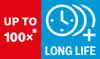 A split image with text and icons. The left side is red with white text 'UP TO 100x*'. The right side is blue with a white clock icon and the text 'LONG LIFE'. Náhľad obrázku produktu
