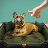 A French bulldog is lying on a green dog bed, looking up at a hand holding a treat. Podgląd zdjęcia produktu