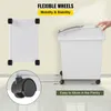 A white storage container with wheels is shown, with text highlighting its mobility and stability. Produktbild-Vorschau