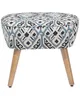 A product shot of an ottoman with a patterned fabric and wooden legs, isolated on a white background. Náhled obrázku produktu