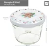 A glass jar with a festive lid, showing dimensions and capacity. Podgląd zdjęcia produktu