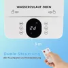 Close-up of a white air cooler control panel and a hand holding a remote control, with text overlays. Voir les images du produit