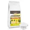 A bag of citric acid powder with lemons and cleaning icons on the label, next to a bowl of the powder. Produktbild-Vorschau