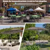 A collage of three images showing a large double parasol in different settings: a market square, a terrace with lounge chairs, and a garden with outdoor furniture. Náhled obrázku produktu
