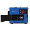 A blue diesel generator with its side panel open, revealing internal components. Produktbild-Vorschau