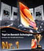 A marketing image showcasing a smartphone screen protector with certifications and awards in the background, and a trophy and phones in the foreground. Produktbild-Vorschau