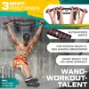 A muscular man is performing a pull-up on a wall-mounted pull-up bar. The image also includes text overlays and graphics highlighting product features. Produktbild-Vorschau